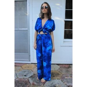 Vintage Cerulean Ocean Blue Two Piece Set Shirt with Pants Size Medium